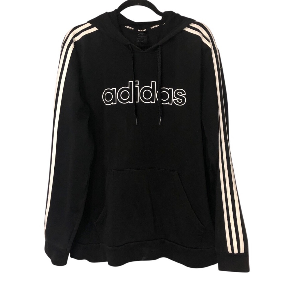 Adidas Men’s Black Pullover Hoodie with White Stripes Size L